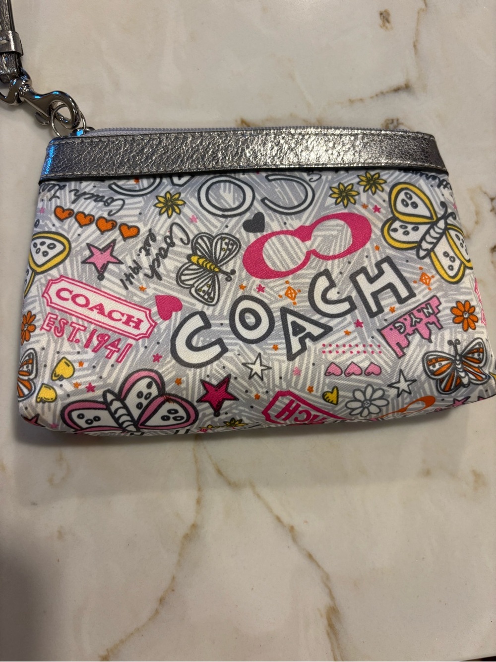 Coach Canvas Graphic Poppy Graffiti Butterfly Wristlet with Silver Trim
